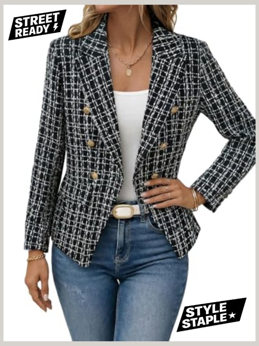 Double-Breasted Tweed Plaid Blazer Jacket for Women - Fully Lined Slim Fit - Picture 4 of 7
